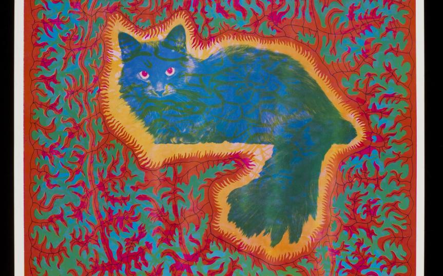 Cheshire cat, póster psicodélico de Joseph McHugh, publicado por East Totem West. EE. UU., 1967. Adquirido a través de Julie y Robert Breckman Print Fund