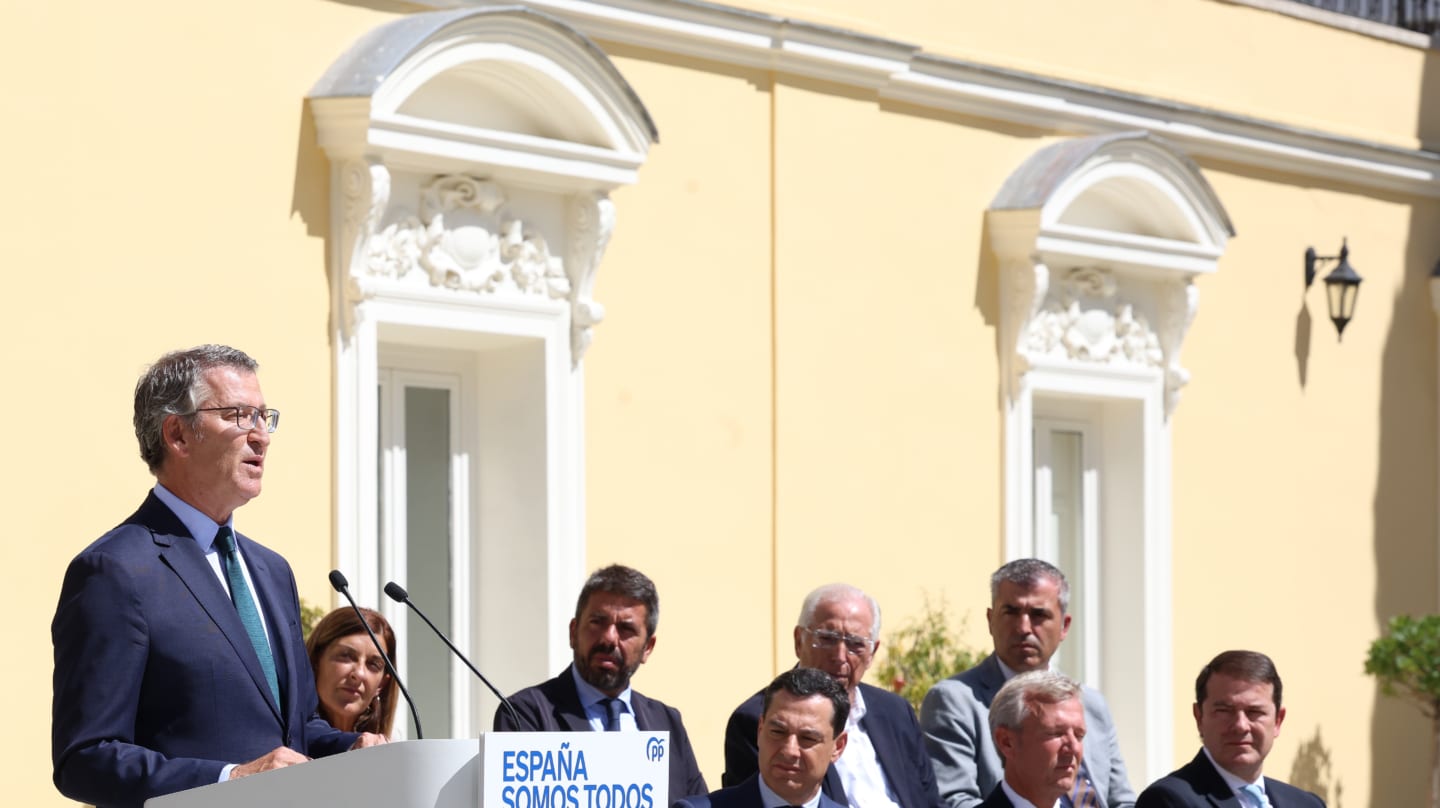 El presidente del PP, Alberto Núñez Feijóo, durante su intervención pública en la última cumbre de barones en Madrid