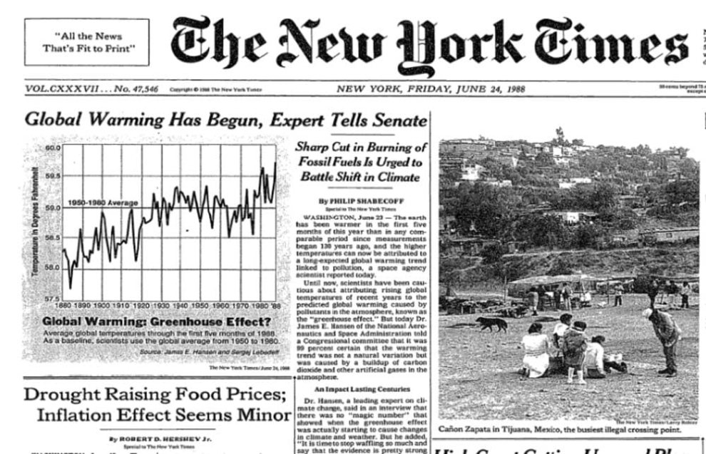 Cobertura del New York Times en 1988 de la comparecencia en el Senado de EEUU de James Hansen.