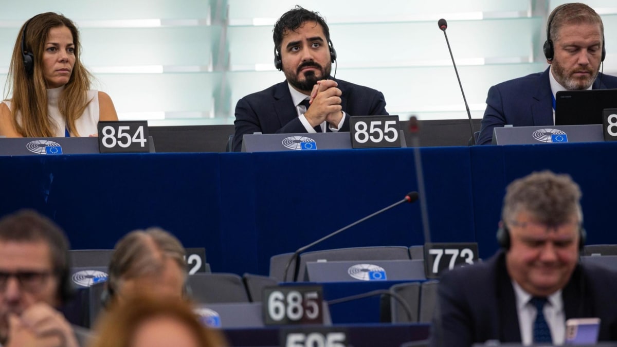 Alvise Pérez, durante un debate en el Parlamento Europeo en Estrasburgo, Francia.