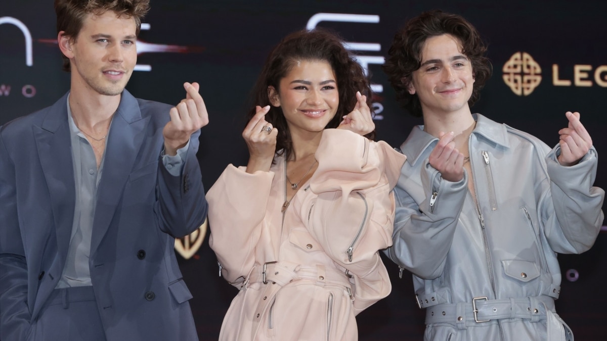 Austin Butler, Zendaya y Timothée Chalamet en la premiere de 'Dune Parte 2' en Corea del Sur