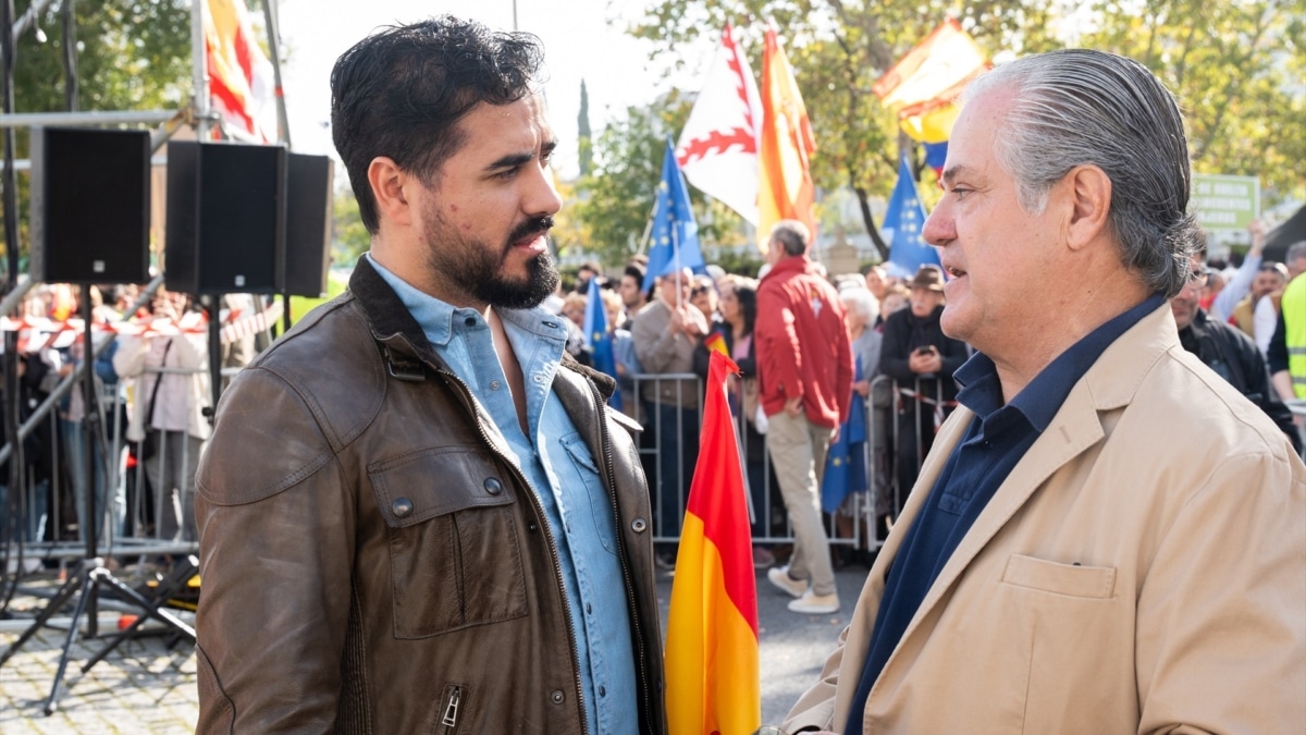 El eurodiputado Luis 'Alvise' Pérez (i), durante la concentración el pasado domingo para pedir elecciones generales, en la madrileña Plaza de Castilla.