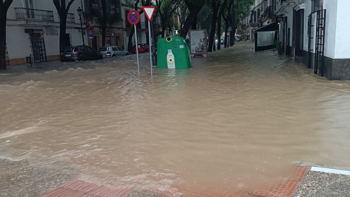 Inundación en la calle Porvera de Jerez de la Frontera (Cádiz).