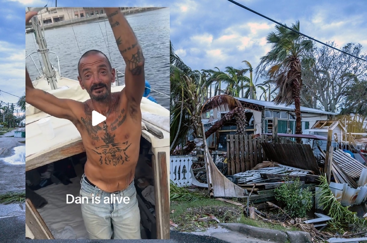 El teniente Dan, en su barco (izquierda) y daños provocados por el huracán Milton en Bradenton, Florida (derecha).