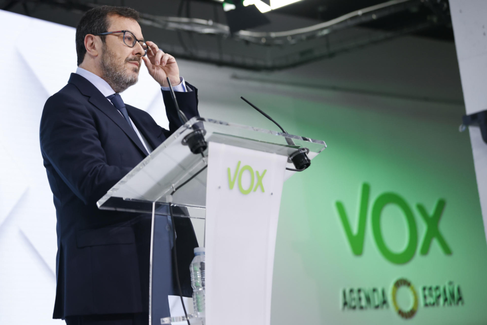 El portavoz nacional de Vox, José Antonio Fuster, en rueda de prensa este lunes en la sede de la formación, en Madrid