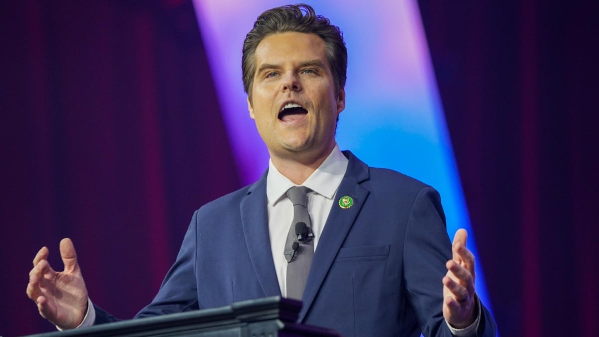 El congresista estadounidense Matt Gaetz durante la Convención del Pueblo, una reunión de destacados conservadores organizada por el grupo político Turning Point Action, en Detroit, Michigan.