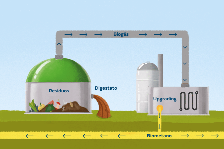 Esquema de funcionamiento de una planta de biometano.