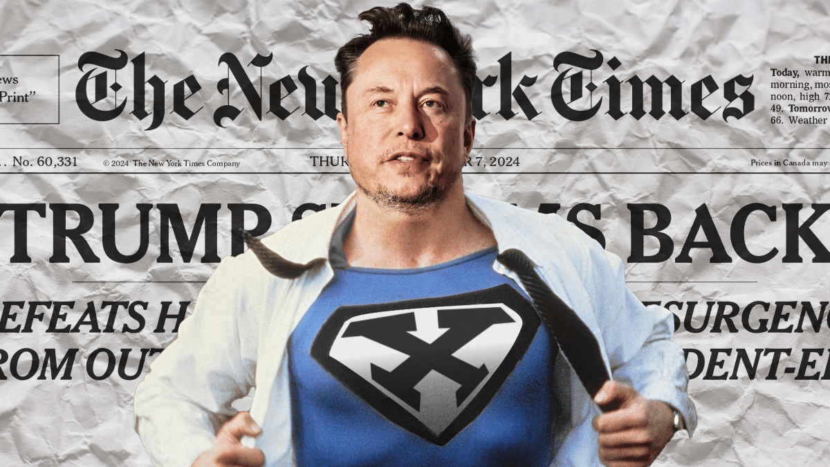 En la imagen se ve a Elon Musk con un traje parecido al de Superman pero con la X de su red social en el pecho. Detrás aparece la portada del New York Times que narra que Trump ha vuelto a ganar las elecciones.