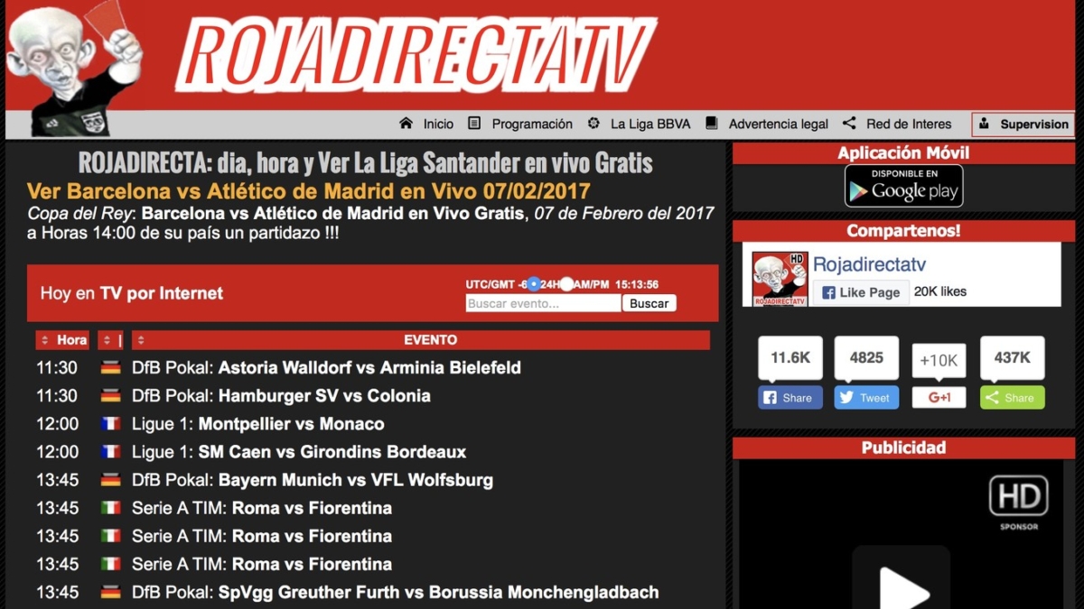 Captura de la antigua web de Rojadirecta