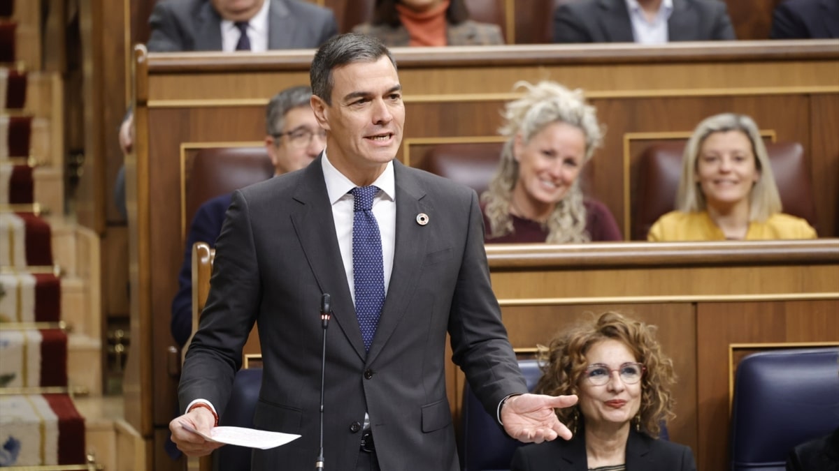 El presidente del Gobierno, Pedro Sánchez, interviene durante una sesión de control al Gobierno, en el Congreso de los Diputados, este miércoles