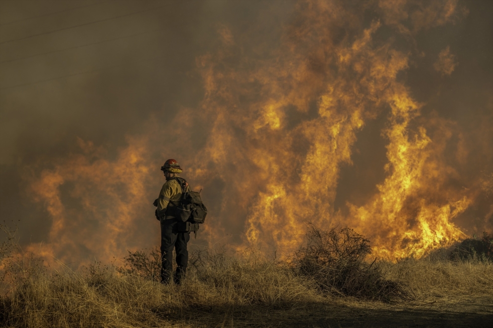 Un bombero lucha contra el incendio en el vecindario de Mandeville Canyon en Los Ángeles, mientras los incendios de Palisades arrasan el área.