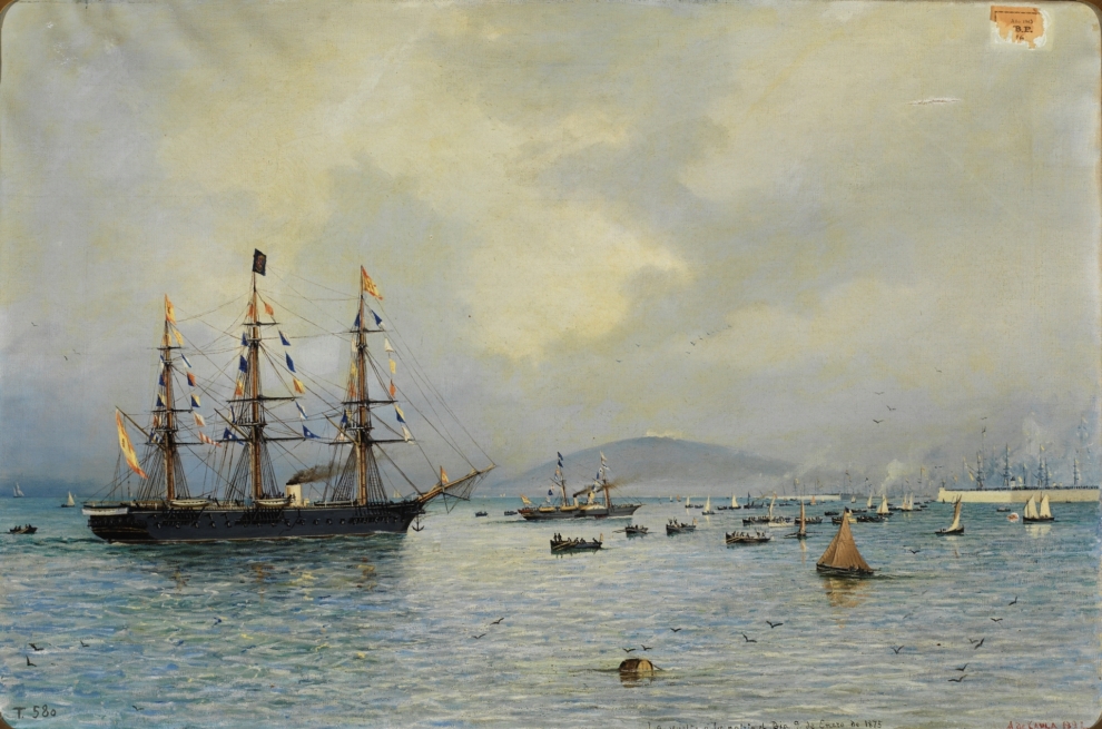 'La vuelta a la patria el día 9 de enero de 1875', pintura de Antonio Caula que representa la entrada del vapor Navas de Tolosa en el puerto de Barcelona.