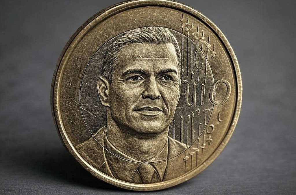 Montaje fotográfico realizado con Grok (IA), en el que se ve la cara de Pedro Sánchez en una moneda de 1 euro.