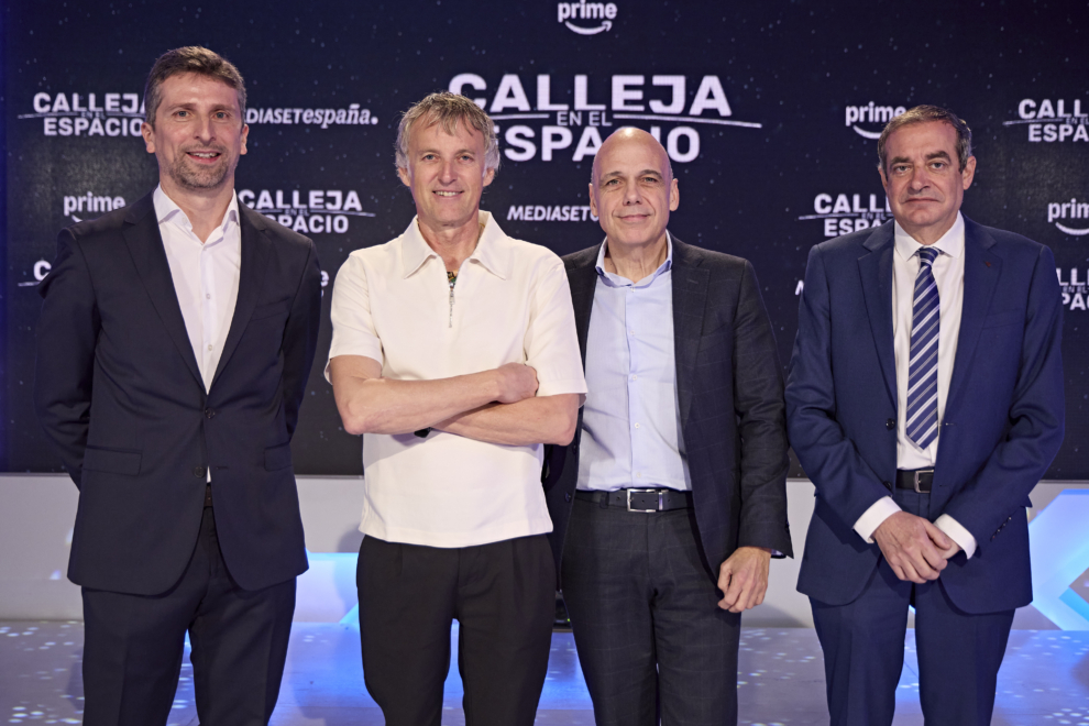 Ricardo Cabornero, director de Prime Video España y Portugal; Jesús Calleja; Jaime Guerra, director de Producción de Mediaset España; y Francisco Moreno, director de Informativos del grupo, en la presentación de 'Calleja en el Espacio'.