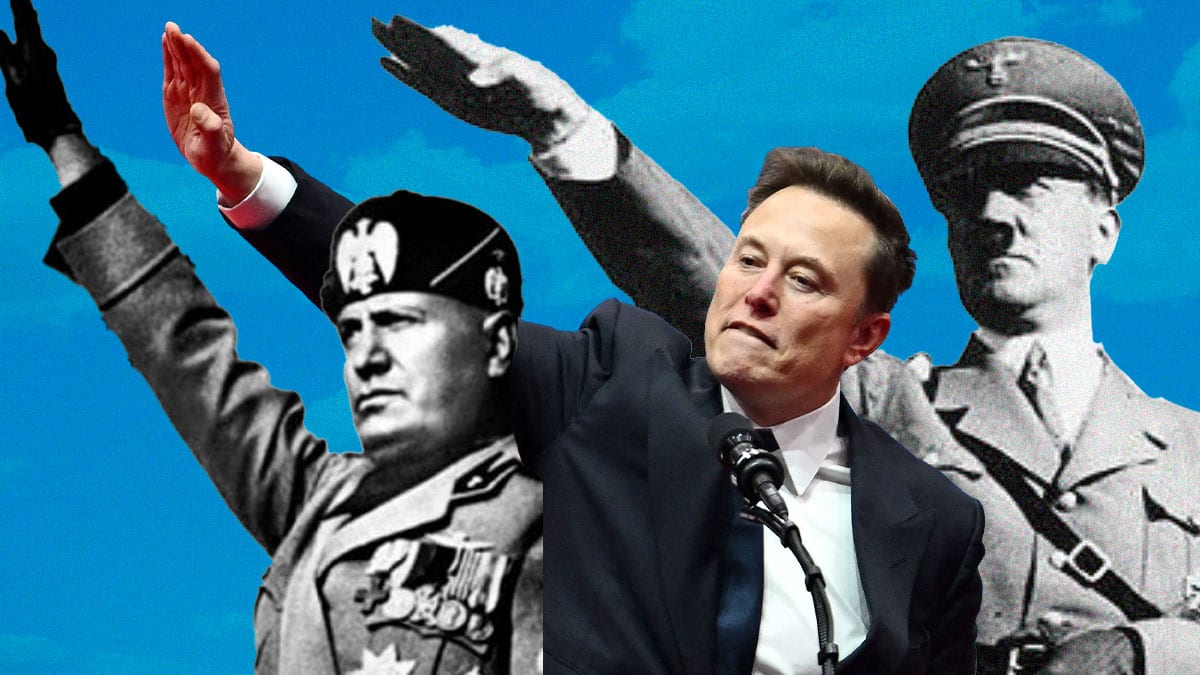 Benito Mussolini, Elon Musk y Adolf Hitler en un montaje haciendo el saludo fascista.