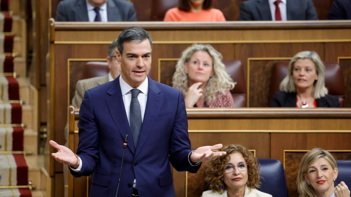 MADRID, 19/02/2025.- El presidente del Gobierno, Pedro Sánchez, interviene durante la sesión de control al Gobierno este miércoles en el Congreso de los Diputados. EFE/ Zipi