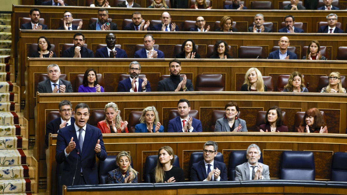 MADRID, 12/02/2025.- El presidente del Gobierno, Pedro Sánchez, durante su intervención en la primera sesión de control al Ejecutivo del año, este miércoles en el Congreso. EFE/ J.J.Guillen