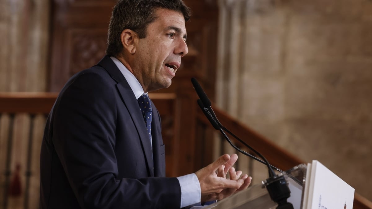 El presidente de la Generalitat Valenciana, Carlos Mazón, interviene durante un encuentro en el Palau de la Generalitat, a 13 de febrero de 2025, en Valencia, Comunidad Valenciana (España).