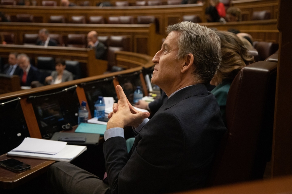 Alberto Núñez Feijóo, presidente del PP, durante la sesión de control al Gobierno, este miércoles