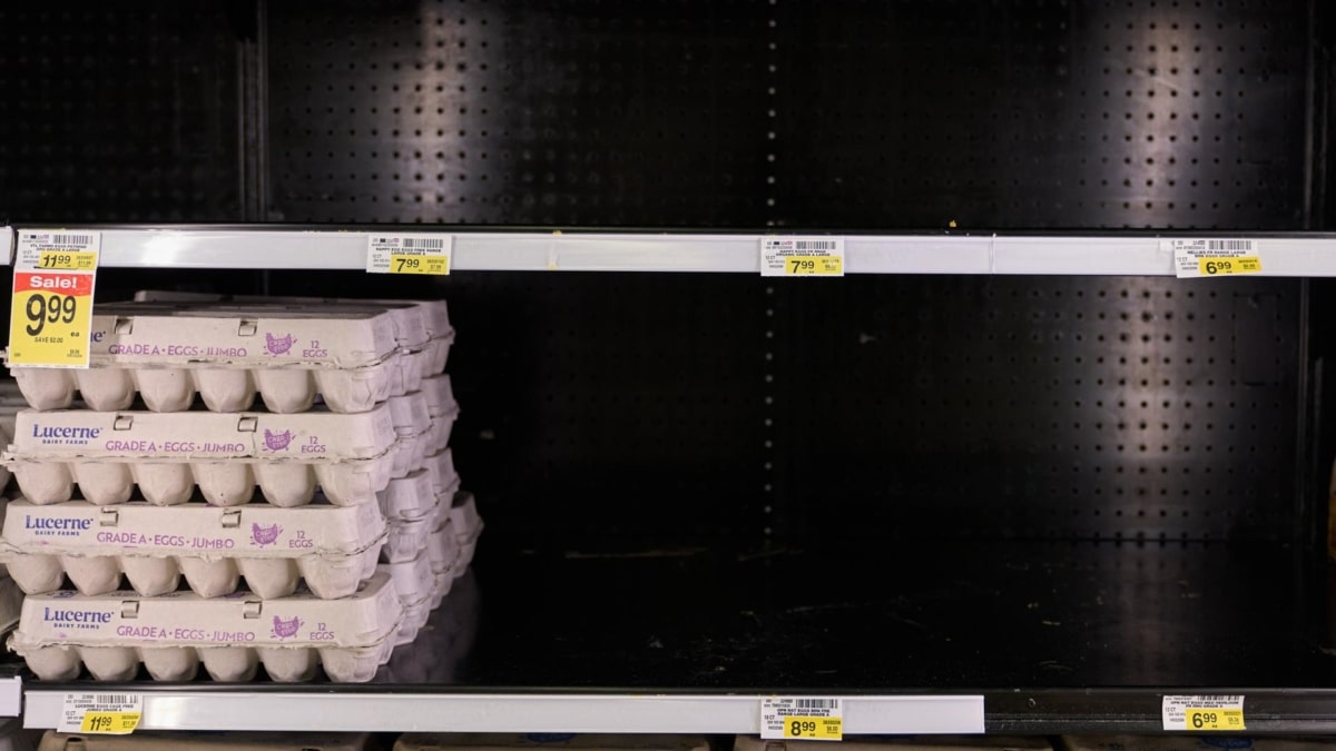 Un supermercado con un estante casi vacío de huevos en Los Ángeles, California, febrero de 2025.