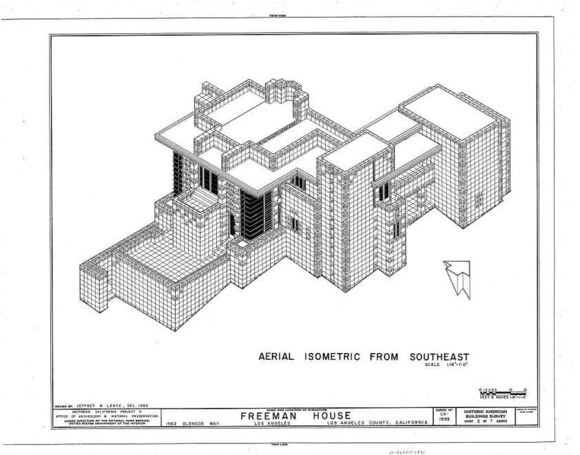 Plano aéreo de la Freeman House vista desde el sureste