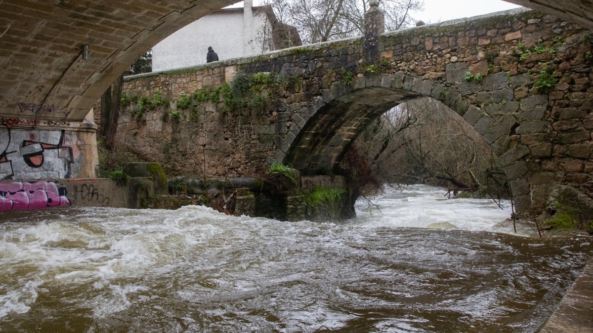 El río Manzanares a su paso por el Puente Viejo de Manzanares el Real (Madrid).