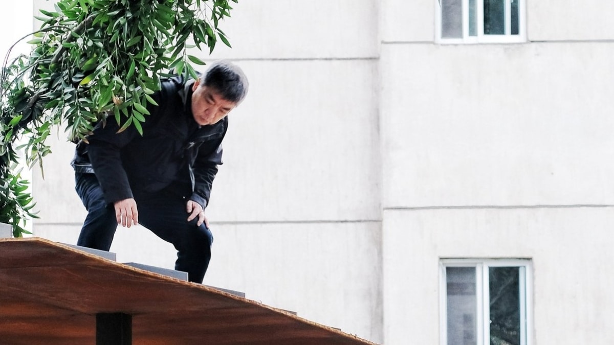 Li Jiakun, encaramado a una pérgola del Barrio Cultural de Songyang.